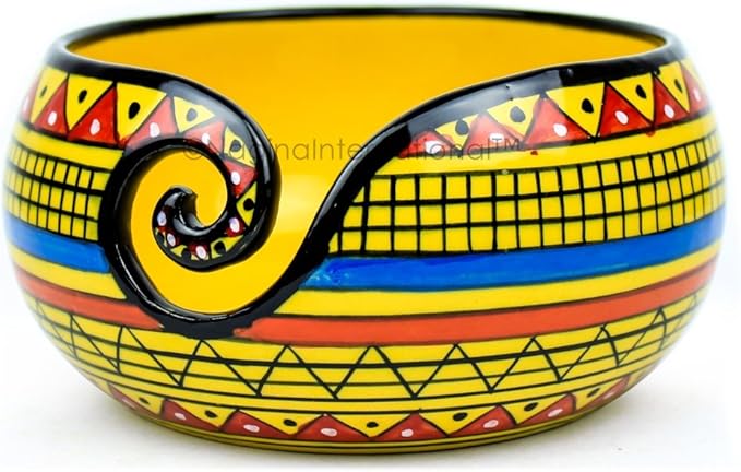 Nagina International Ceramic Attractively Hand Painted Gorgeous Stoneware Yarn Ball Storage Bowl With Innovative Dispensing Curl | Knitting & Crochet Accessions (Small, African Yellow)
