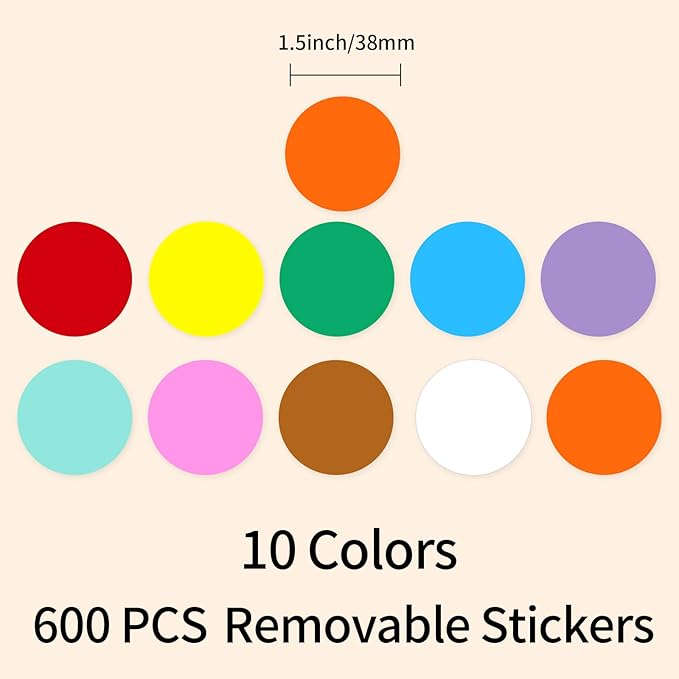 1.5" Round Colored Removable Stickers Labels - 10 Colors,Pack of 600