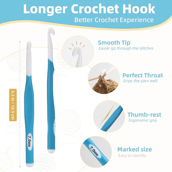 7mm Large Crochet Hook,Ergonomic Crochet Needle for Arthritic Hands, Extra Long Rubber Handle Crochet Hooks for Knitting Sweaters, Shawls and Carpets