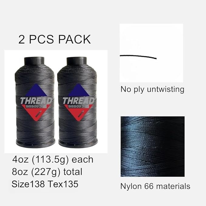 Sissewpro Bonded Nylon Thread 138 Upholstery Thread Heavy Duty for Sewing Machine Strong Black Threads for Leather Crafts Furniture Cusion,Boats Car Cover Seats,Canvas,Tex135, 4oz 750yds (2, Black)
