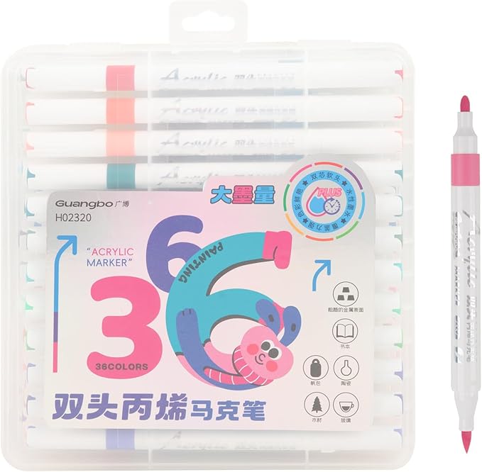 36 Colors Acrylic Paint Markers, Dual Tip Round and Brush Tips for Detailed Art, Crafting, Rock Painting, Wood, Glass, Ceramic