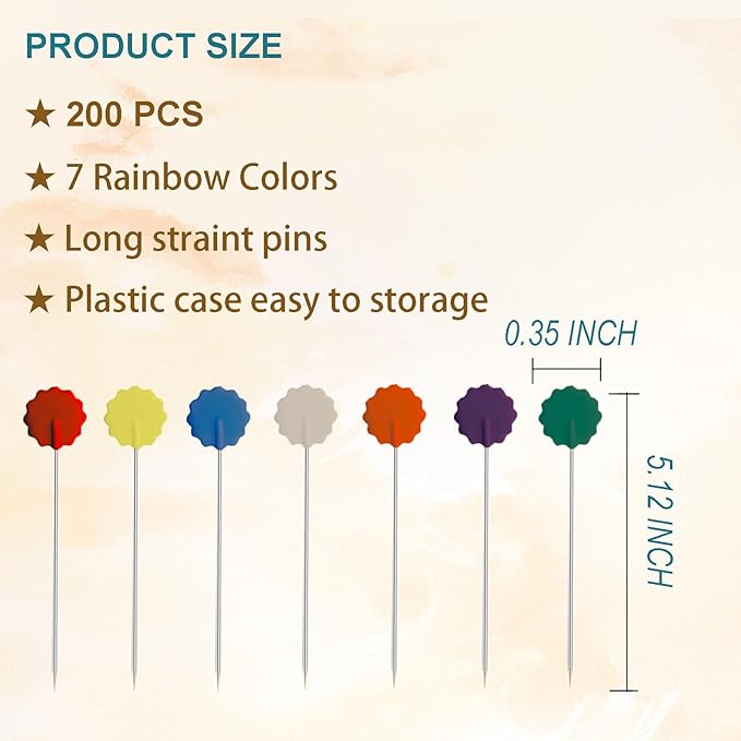 200Pcs Flat Head Sewing pins, Straight Pins with Flower Colored Heads, 2.16inch Quilting Pin for Sewing Supplies,Dressmaker, Craft, Fabric, DIY, Sewing Projects and Jewelry Decoration