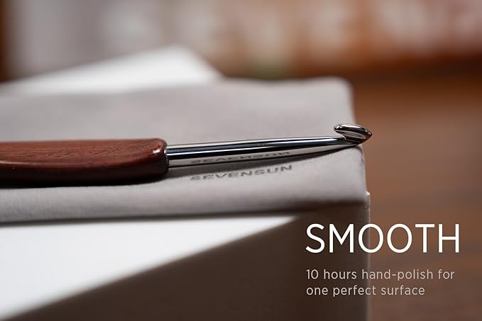 SEVENSUN Mimosa 1.8mm Single Crochet Hook, Available in 0.6mm-6.5mm, Ergonomic Hand Polished Stainless Steel Inline Pointy Wood Handle Crochet Hook for Arthritic Hands