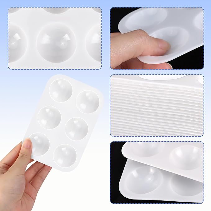 Bercoor 52 PCS Plastic Paint Palettes, 6 Well White Rectangular Watercolor Oil Palette Painting Tray Artist Craft Palettes for Painting Party, DIY Craft and Art Painting