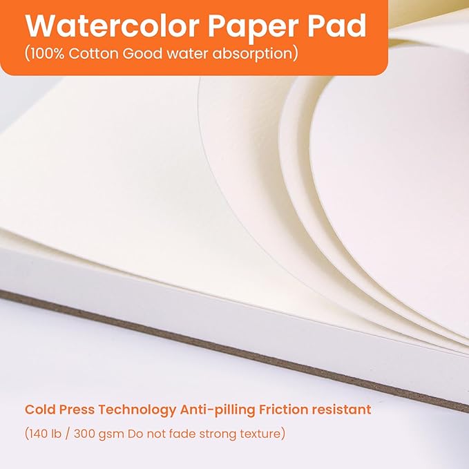 Watercolor Paper Pad, 30 Sheets, A5 (8.3 x 5.8"), 100% Cotton Paper, Glue Bound, 140LB/300GSM Cold Pressed Water Color Paper for Watercolor Drawing, Mixed Media, Art Journaling (8.3 x 5.8 Inch)