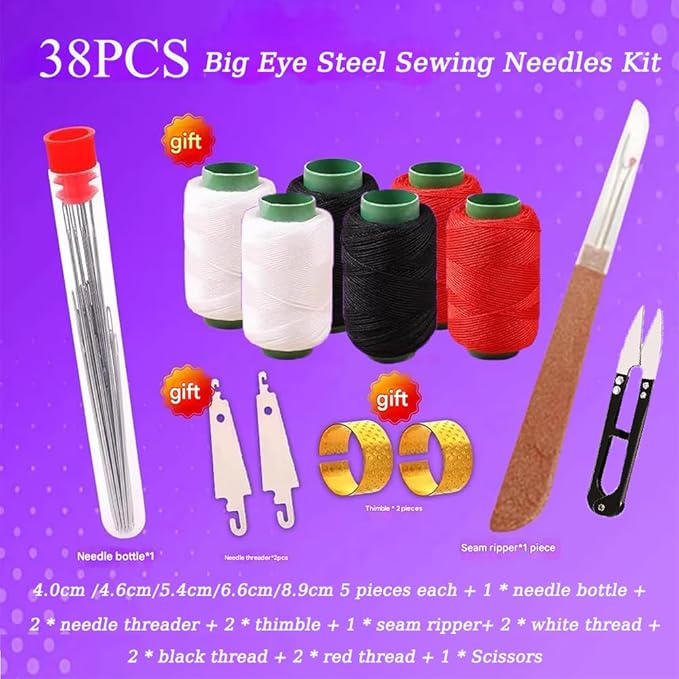 38PCS Big Eye Steel Sewing Needles Kit, Stainless Steel Needles for Hand Sewing, Embroidery Needles Needle and Thread Kit Sewing Kit, Portable DIY Hand Made Craft Set,for Handcraft Lovers (2 Sets)