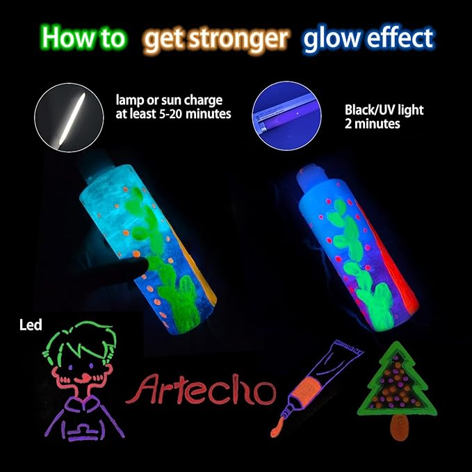 Artecho Glow in the Dark Paint, Neon Blue Paint (120ml / 4.05oz) Tubes, Art Craft Paints for Canvas, Rock, Stone, Wood, Fabric, Art Supplies