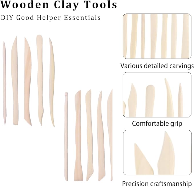 10Pcs Wooden Clay Sculpting Tools Set, Double Ended Clay Modeling Tools, Polymer Clay Tools, DIY Wood Pottery Clay Tool Sculpting Kit for Ceramics Soap Carving Detailing Clay Supplies, 6.2inch
