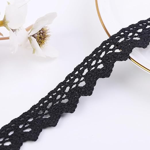 Black Self-Adhesive Lace Washi Tape – 2 Yards Cotton Fabric Ribbon Trim (1.5cm Width),Decorative Crochet Lace Sticky Tape for DIY Crafts,Scrapbooking,Card Making,Wedding Album & Embellishment Projects