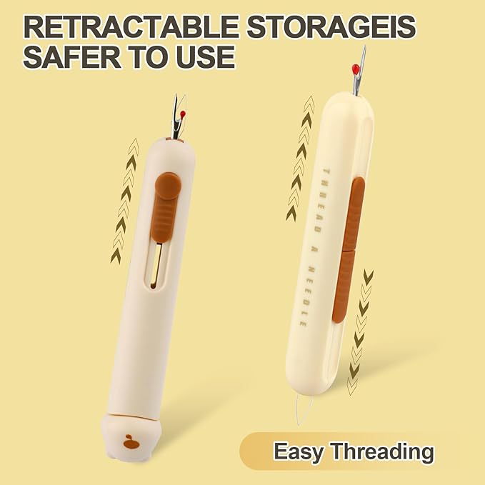 Automatic Needle Threaders Seam Ripper, Upgraded 3 in 1 Sewing Needle Threader Tool, Stretchable Quick Seam Rippers with Needle Storage for Hand Quilling, Embroidery Stitch Removal(Yellow)