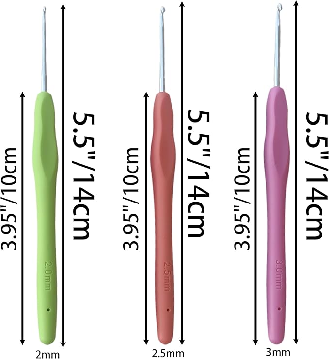 ZCLGOOD 3PCS 2mm/2.5mm/3mm Ergonomic Crochet Hooks Set, Soft Rubber Handle Aluminum Knitting Needles, Professional Yarn Craft Tools for Beginners Adults DIY Projects