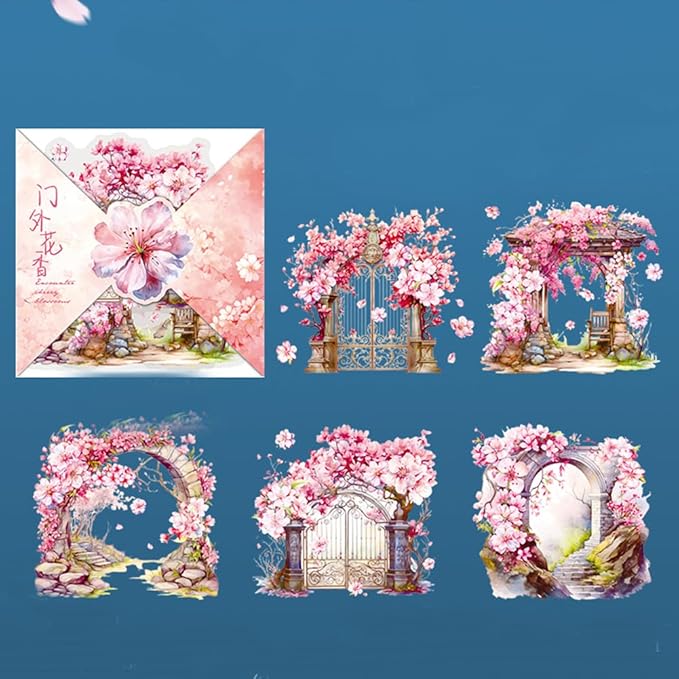 MAFELOE Scrapbook Stickers of 10 Pieces, PET Aesthetic Deco Stickers Journaling Supplies for Junk Bullet Bottles Laptop- Cherry Blooms Series-F