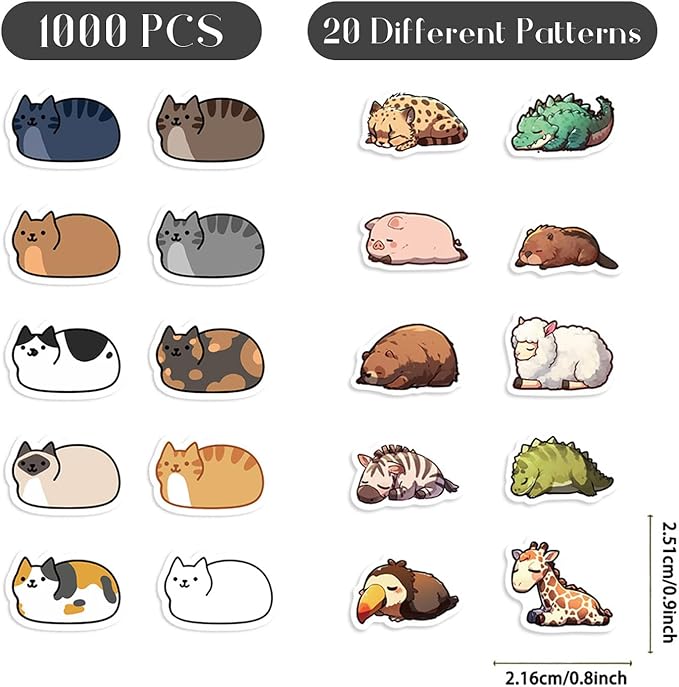 1000 Pcs Cute Animal Stickers Cartoon Sleepy Animals and Kawaii Kitten Stickers Rolls 20 Style Vinyl Waterproof Decorative Decals for Gift Wrapping Scrapbook Laptop Decorations