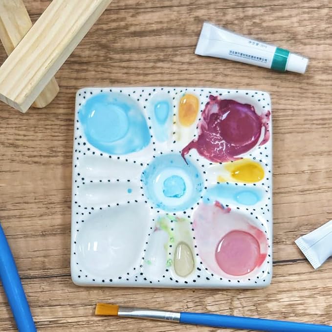 Ceramic Watercolor Palette - Whimsical Black Polka Dot Design with Slanted Paint Well, Premium Glazed Ceramic Artist Palette for Watercolor & for Various pigments