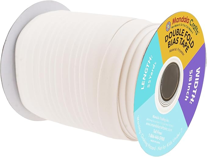 Mandala Crafts 55 Yards 5/8 Inch Ivory Double Fold Bias Tape for Sewing - Bias Binding Tape for Quilting Binding, Hemming, Seam, and Fabric Piping