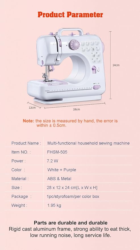 Sewing Machine for Beginners, Portable Mini Sewing Machine with 50 Pcs Fabric and 32 Pcs Sewing Threads Kit, 12 Built-in Stitches 2 Speed with Foot Pedal