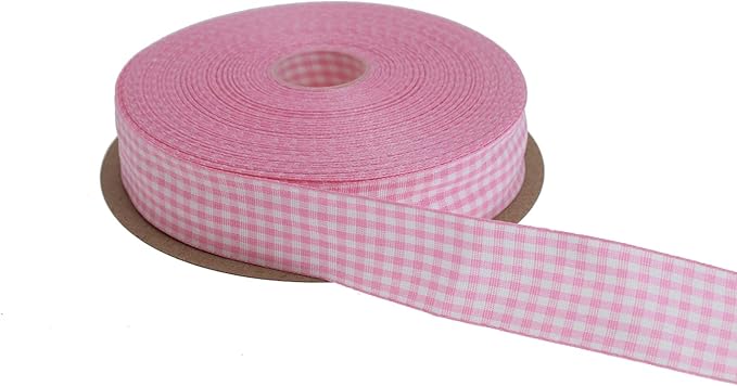 Gingham Ribbon 50 Yard Each Roll 100% Polyester Woven Edge (1" x 50 Yards, Pink)