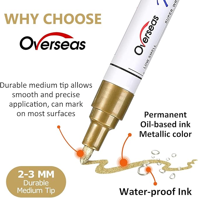 Overseas Paint Marker Pens - 24 Colors Permanent Oil Based Paint Markers, Medium Tip, Quick Dry and Waterproof Assorted Color Paint Pen for Metal, Wood, Plastic, Stone, Mugs, Canvas, Glass, Art Craft