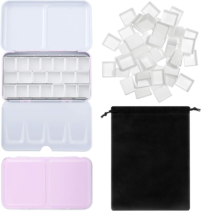 Zonon 51 Pcs Watercolor Paint Palette and Half Pans Set Watercolor Tin Box, Metal Palette Paint Case with Lid Empty with Storage Bag for Travel Artist(Pink)