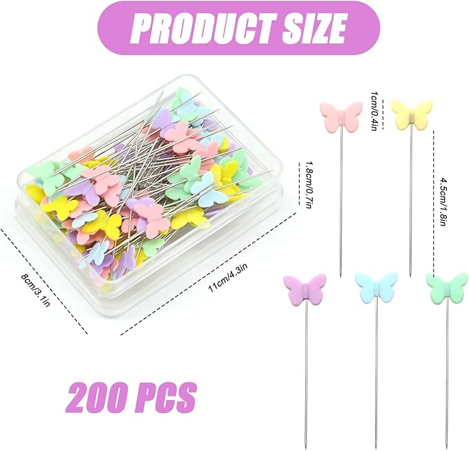 200pcs Colored Sewing Pins for Fabric Flat Head Straight Pins with Storage Box Quilting Pins Fixed Sewing Marker Needle for Dressmaker,Sewing Project,Jewelry Making, DIY Craft (Butterfly)
