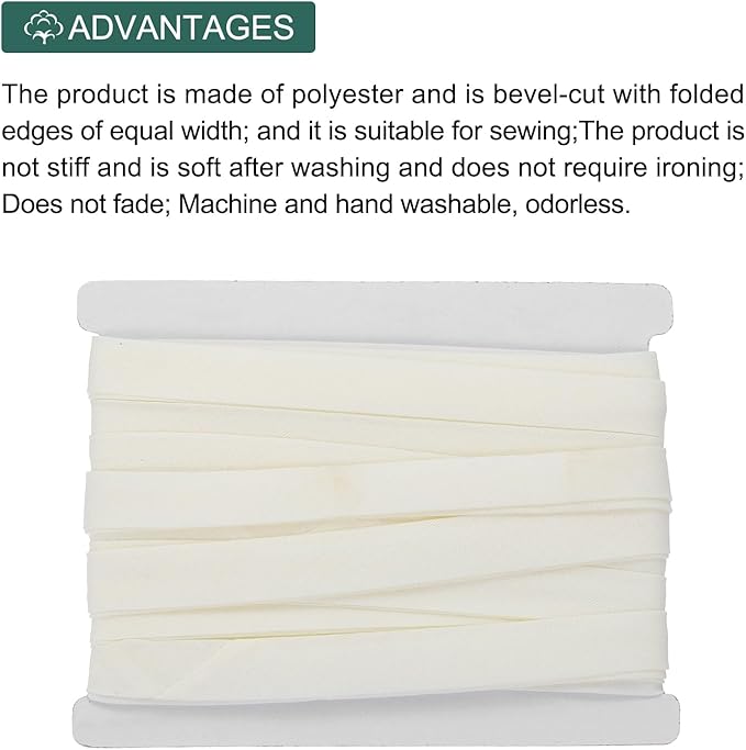 MECCANIXITY 1/2 Inch Double Fold Bias Tape Continuous Bulk Cotton Bias Tape for Sewing Seaming Quilting Hemming Binding Crafts (Light White 12 Yards)