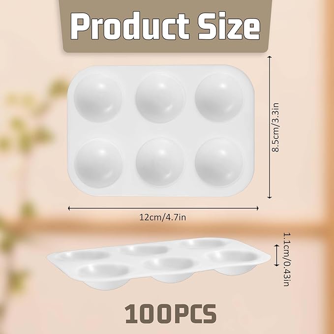 100 Pcs White Plastic Paint Palette 6 Well Rectangular Watercolor Pans Paint Holder Tray Palette Paint Mixing Palette for Acrylic Painting Art DIY Craft