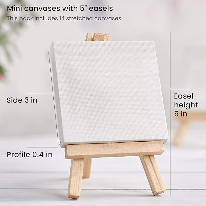 ARTEZA Small Canvases for Painting with Easels, Pack of 14, 3 x 3 Inches, Blank White Canvas for Painting, Art Supplies for Acrylic, Oil and Gouache