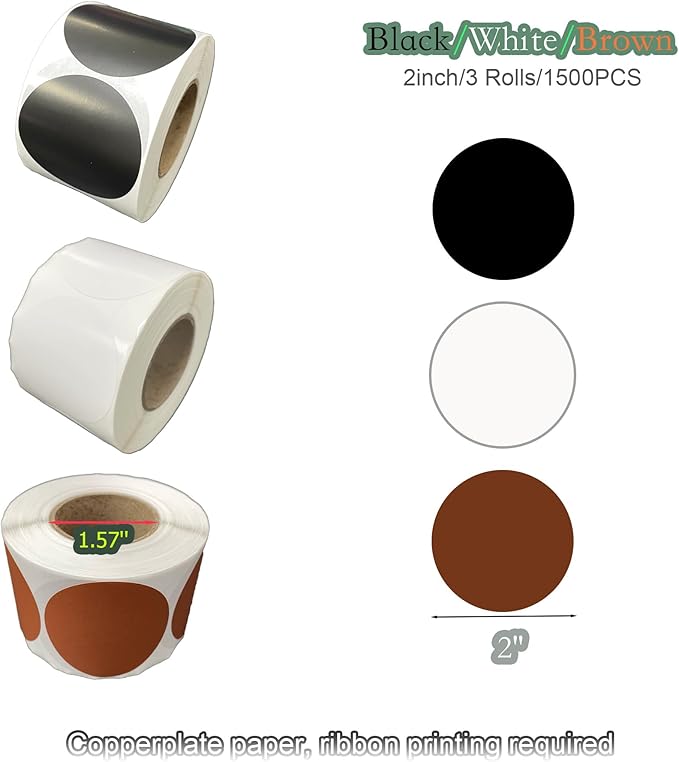1500 White, Black, Brown Round Label Stickers - 2 Inch Color Code Dot Labels for Inventory Organization - Blank Stickers to Write On