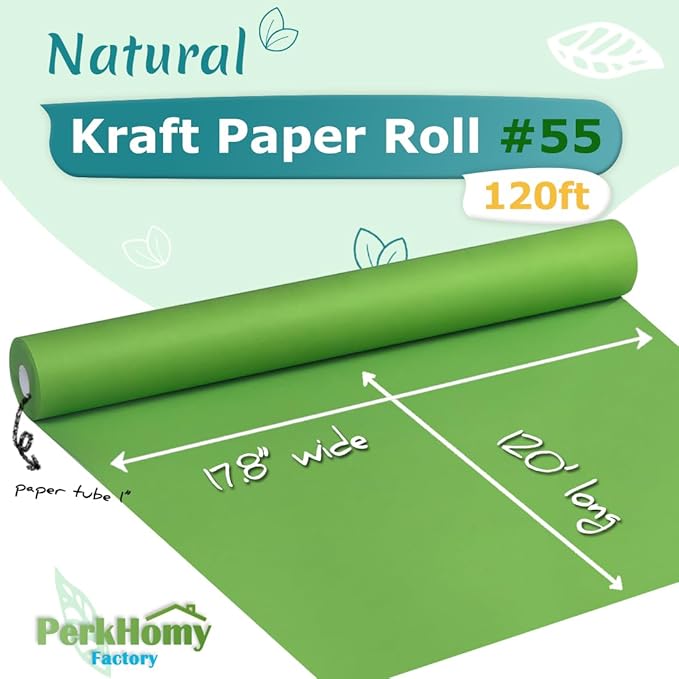 PerkHomy 17.8" x 1,440" (120') Medium Green Kraft Paper Roll for Craft Bulletin Board Paper Art Table Covering Crafting Gift Wrapping Bouquet Packing Parcel 80GSM (Medium Green, 17.8" x 120')