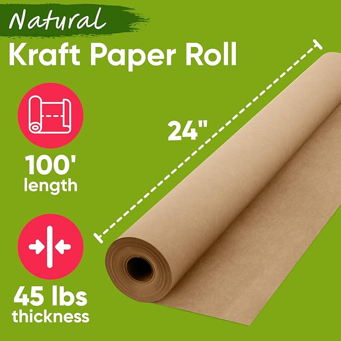 USA Made 24" x 1200" Brown Kraft Paper Roll, 45 lbs Thickness, American Quality Colored Paper Roll for School Craft Projects, Bulletin Boards - Non-Toxic, Odorless, Safe for Kids