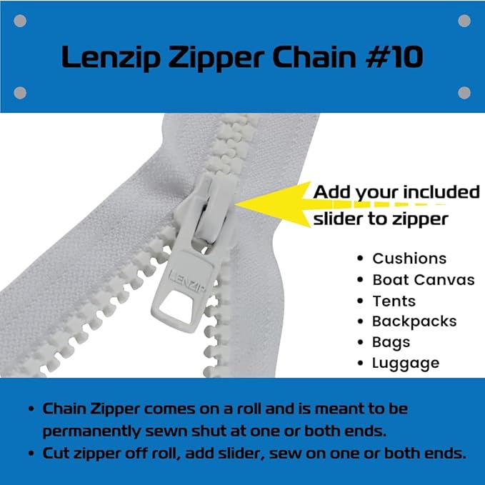 EZ-Xtend #10 Lenzip Chain Plastic Molded Plastic Tooth Zipper by The Yard w/Non-Locking Sliders. Boat Cushions, Duffle Bags, Back Packs, Sewing, Replacement Zipper(10 Yds & 8 Single Pulls Non-Locking)
