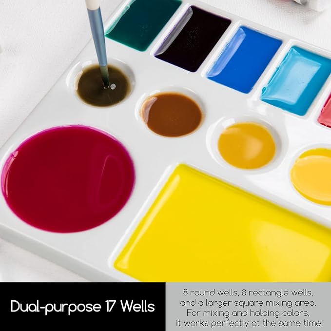 MEEDEN Ceramic Watercolor Palette,17-Well White Porcelain Mixing Tray Artist Painting Palette, Rectangle Painting Tray Palettes for Watercolor Gouache Acrylic Painting 9" x 6.5"