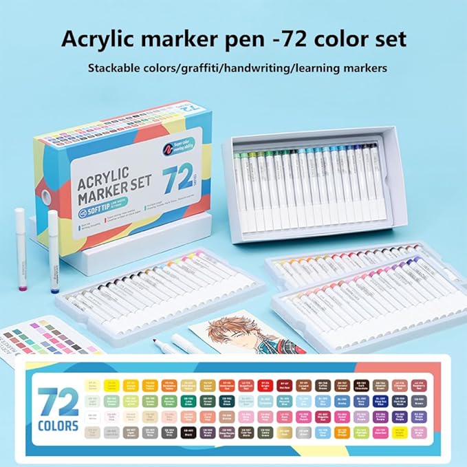 72 Colors Acrylic Paint Markers, Water Based Acrylic Paint Pens Set with Brush Tip for Wood, Glass, Paper, Stone, Egg, Rock Painting and DIY Crafts