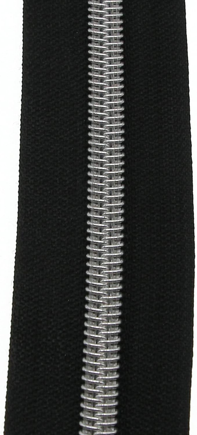 #5 Silver Metallic Nylon Coil Zippers by The Yard, Black Tape Bulk 10 Yards with 25PCS Silver Sliders Pulls for Sewing Crafts Bags YIGUANXIN