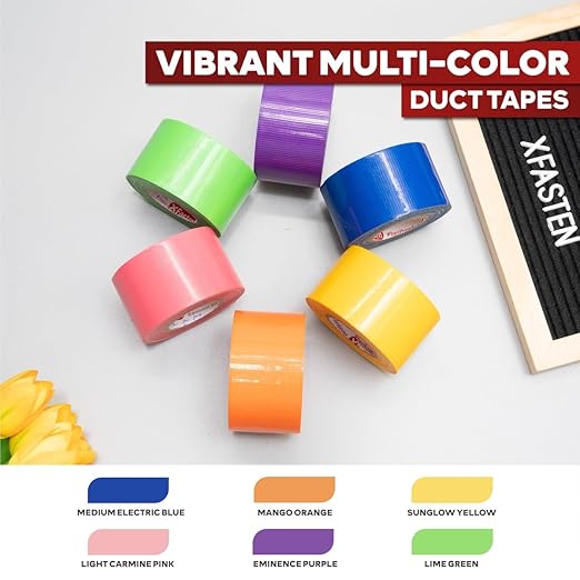 XFasten Rainbow Colored Duct Tape Heavy Duty 6-Pack 15 Yards x 2 Inch, Colored Duct Tape Variety Pack Bulk, Waterproof, Vibrant Colors, Easy Tear, Writable, Clean Removal for Crafts, Labeling, Packing