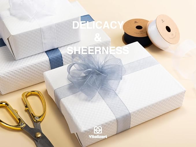 Vitalizart Blue & White Organza Sheer Ribbon 1 inch x 30 Yd Handmade Fabric Ribbons for Gift Wrapping Christmas Tree Crafts Bows Wedding Invitations Wreaths Wrap