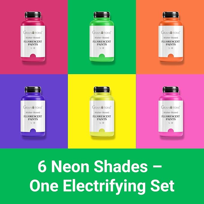 GRANOTONE Neon Fluorescent Acrylic Paint Set - 6 Colors, 16 oz Each | Glows in Black Light | Non-Toxic & Vibrant Paint | Ideal for Art, Crafts, Kids, & Hobbyists | Made in India