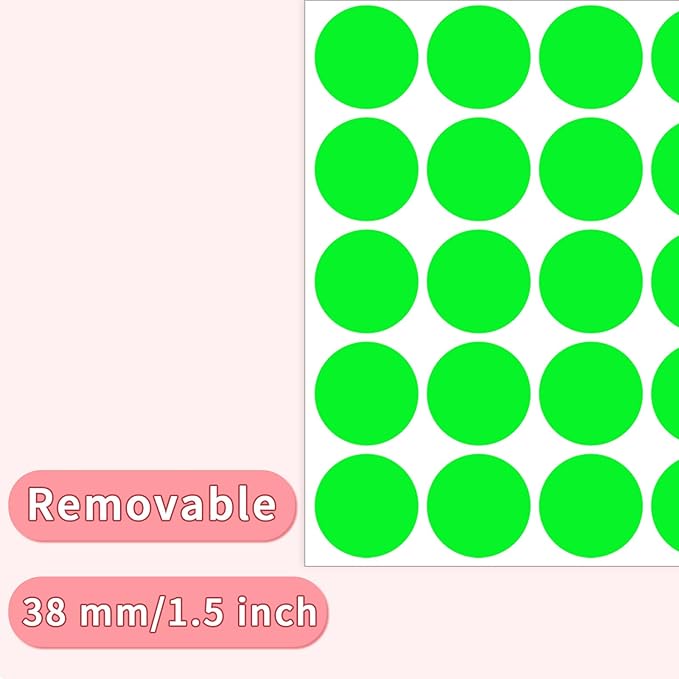 1.5" Round Colored Removable Stickers Labels - Fluorescent Green,Pack of 500