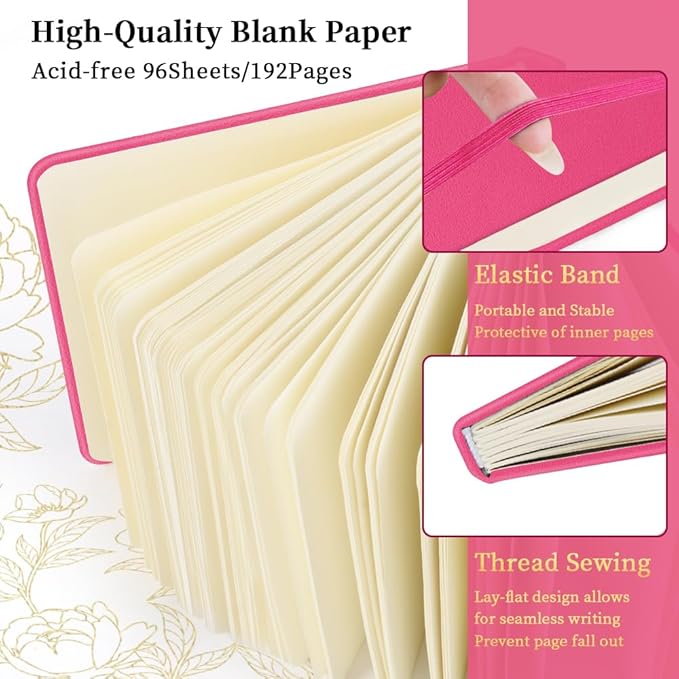 E-WEICHEN Square 5x5 inches 80gsm 96sheets/192 Pages Notebooks Blank Sketchbooks Travel Journal Pocket Hardcover Paint Writing Diary Memo Planner PU Leather Cover. Rose Pink