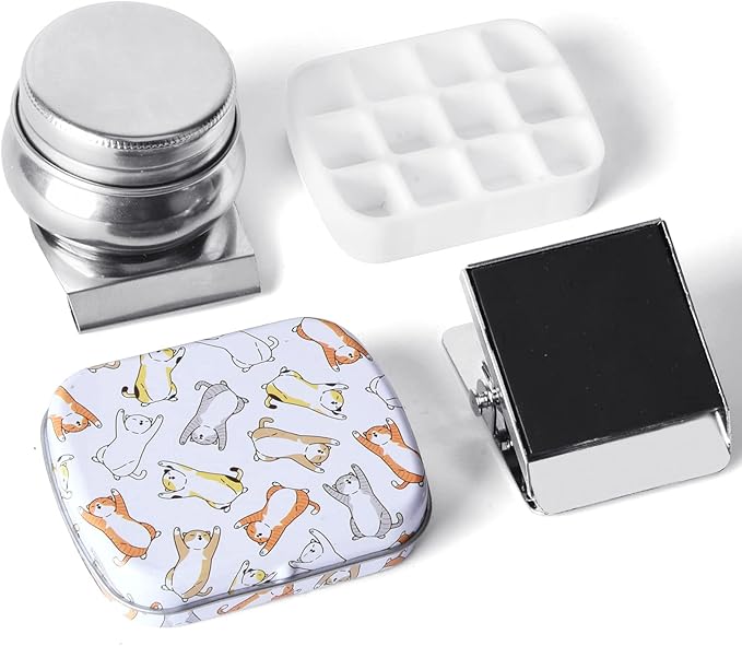Portable Mini Tin Box,12-Well Empty Watercolor Palette,Small Paint Storage Travel Artist Outdoor Sketch Watercolor Kits with Magnetic Clip and Oil Pot .Lying Cat