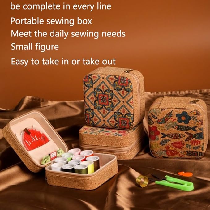 Sewing Box,Portable Travel Sewing Kit ，Vintage Soft Wood Print Sewing Kit,Mini Sewing Kits Storage Box,with 11 Color Thread, Scissors, Needles, Tape Measure and Other Accessories (sea of Flowers)