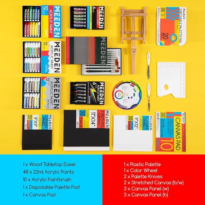 MEEDEN 72PCS Deluxe Acrylic Paint Set, Artist Painting Kit with Beech Wood Tabletop Easel, 48 Colors x 22ml Acrylic Painting Set, Canvas, Paint Brushes, Art Supplies for Adults, Kids, Beginners
