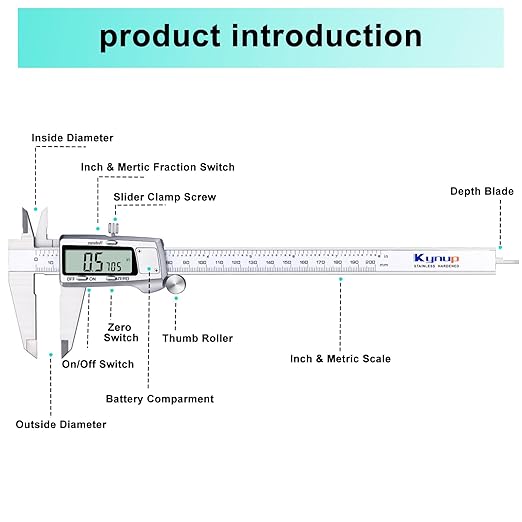 Kynup Digital Caliper 8 inch,Caliper Measuring Tool, Vernier Caliper, Stainless Steel, Full Turn Off, Switch from Inch Metric Fraction, Micrometer Digital for Household, DIY(200MM)