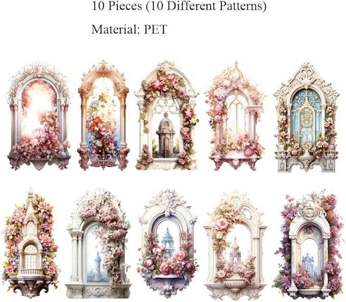 MAFELOE Retro Scrapbook Stickers of 10 Pieces, PET Aesthetic Deco Stickers Journaling Supplies for Junk Bullet Bottles Laptop- Flower Window Series-F
