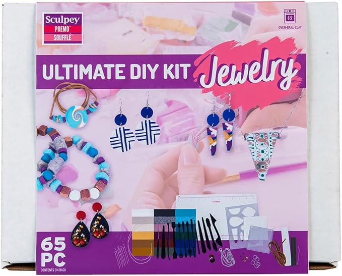 Sculpey Premo™/Soufflé Ultimate DIY Polymer Oven-Bake Clay 65 piece jewelry kit, for adults and teens, Non Toxic, 18 colors of DIY modeling clay, sculpting tools and accessories, great for beginners.