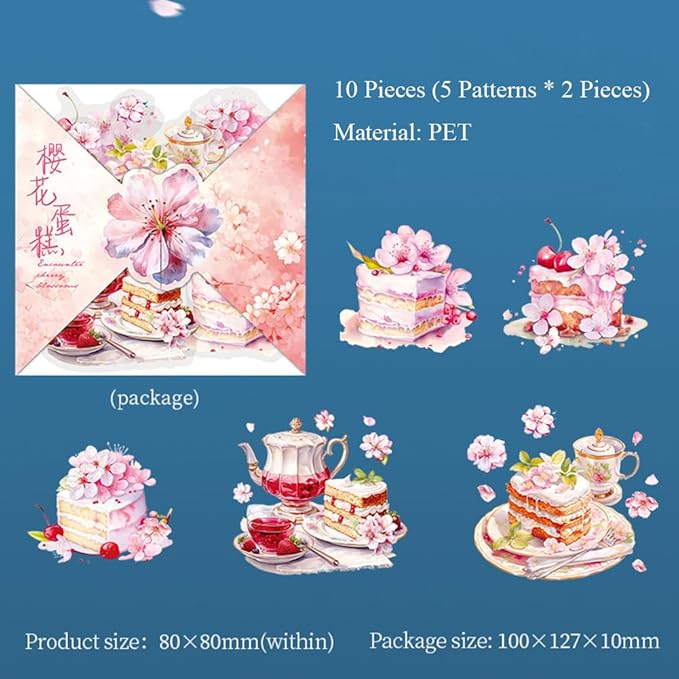 MAFELOE Scrapbook Stickers of 10 Pieces, PET Aesthetic Deco Stickers Journaling Supplies for Junk Bullet Bottles Laptop- Cherry Blooms Series-A