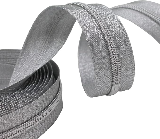 MebuZip #5 Silver Metallic Nylon Coil Zippers by The Yard Bulk Coil Zipper Roll 10 Yards with 25pcs Pulls for DIY Sewing Craft Bags (SilverTape)