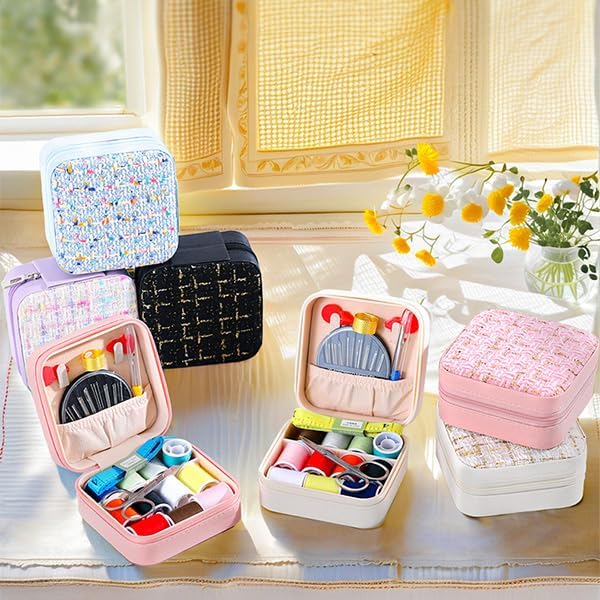 Mini Sewing Kit in Stylish Leather Case – Complete Set with Scissors, Needles, Thread, Needle Threader, Thimble & More – Perfect for Beginners & Travel (Purple)