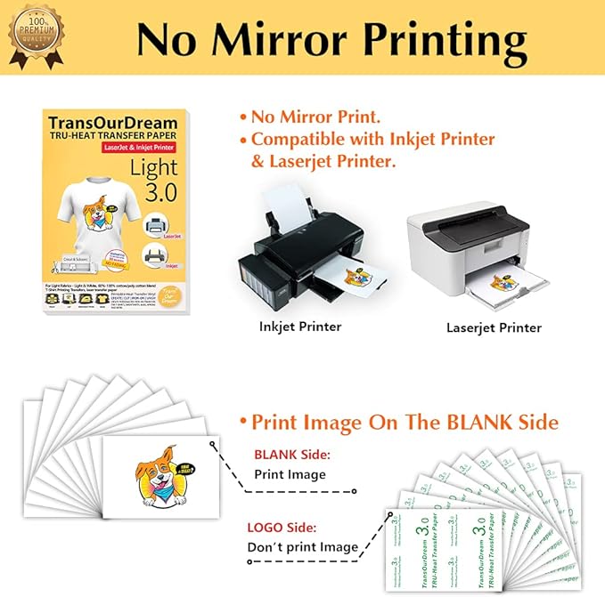 TransOurDream Tru-Heat Transfer Paper for T Shirts (Light 3.0, 15 Sheets, 8.5x11") Printable HTV Heat Transfer Vinyl for Inkjet & Laser Printer Iron on Transfers for Light Fabrics (TRANS-L3-15-3)
