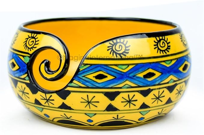 Nagina International Ceramic Attractively Hand Painted Gorgeous Stoneware Yarn Ball Storage Bowl With Innovative Dispensing Curl | Knitting & Crochet Accessions (Medium, Wild Aqua Yellow)